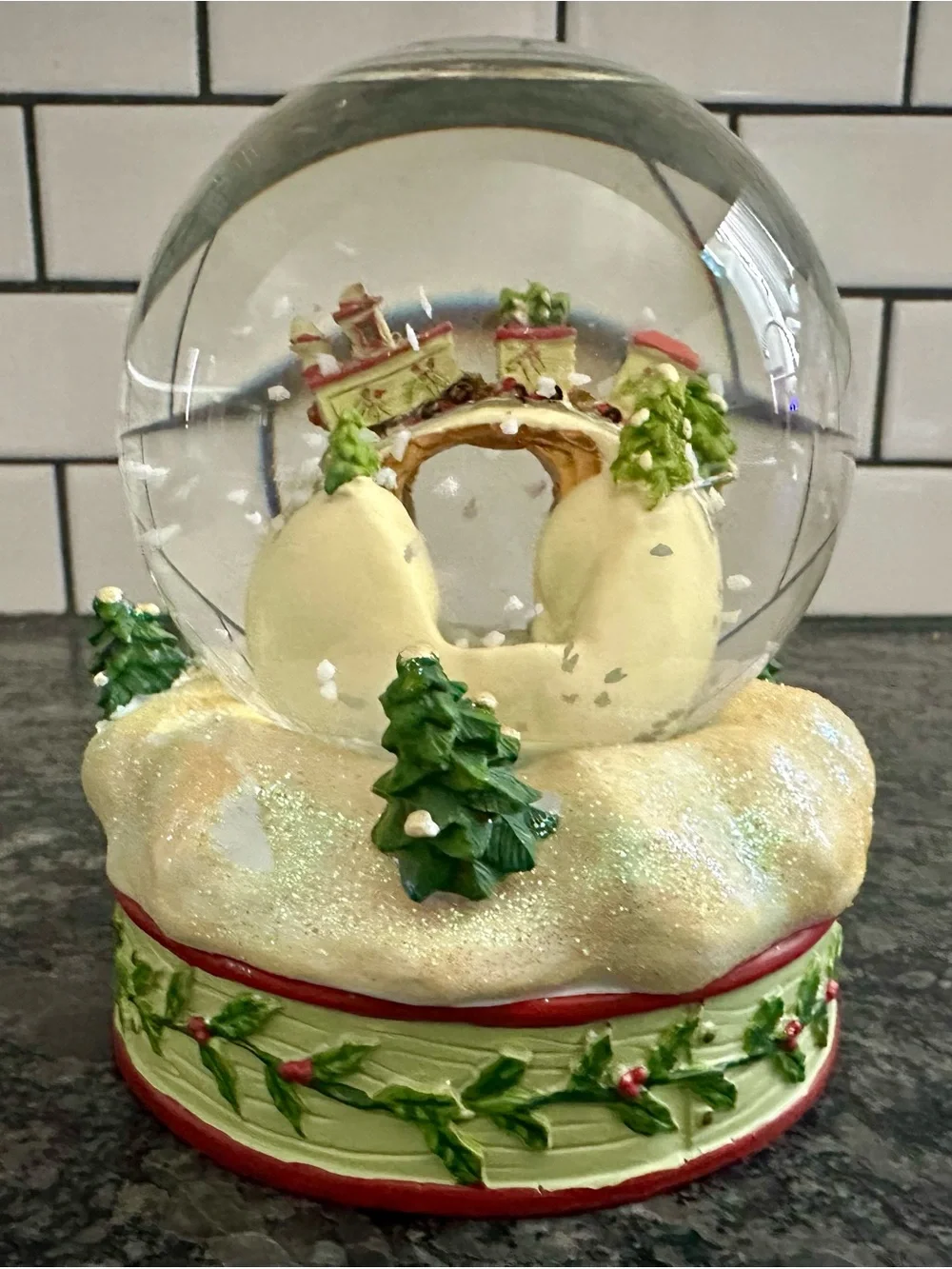 Yankee Candle Green Tree Holiday Snow Globe with Cream Base and Red Accents